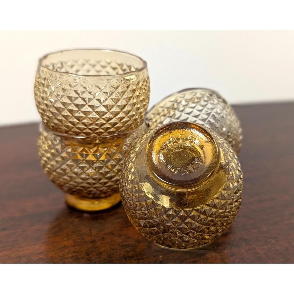 Vintage Made in Italy Amber Diamond Point Glass Salt Cellars Pedestal Salt Dips